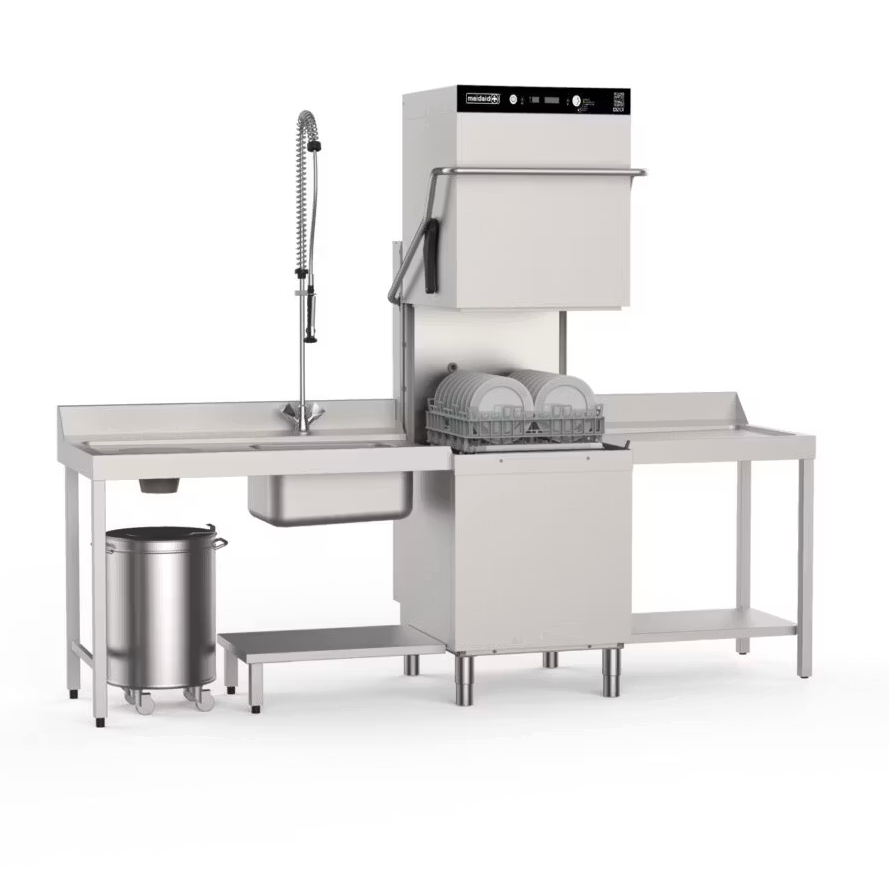 Maidaid PAss-Through Dishwasher D201and D301 with tabling and pre-rinse spray