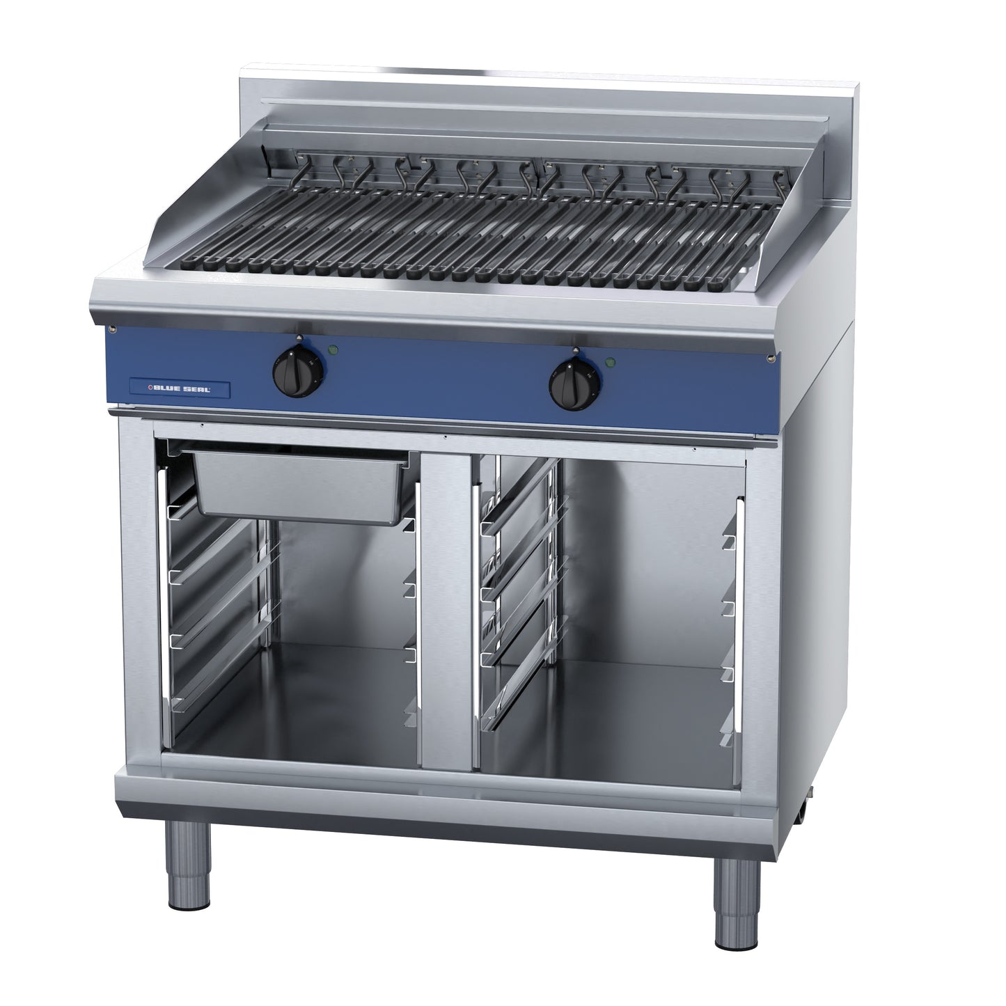 Blue Seal 900mm Electric Chargrill on cabinet stand side view E596D