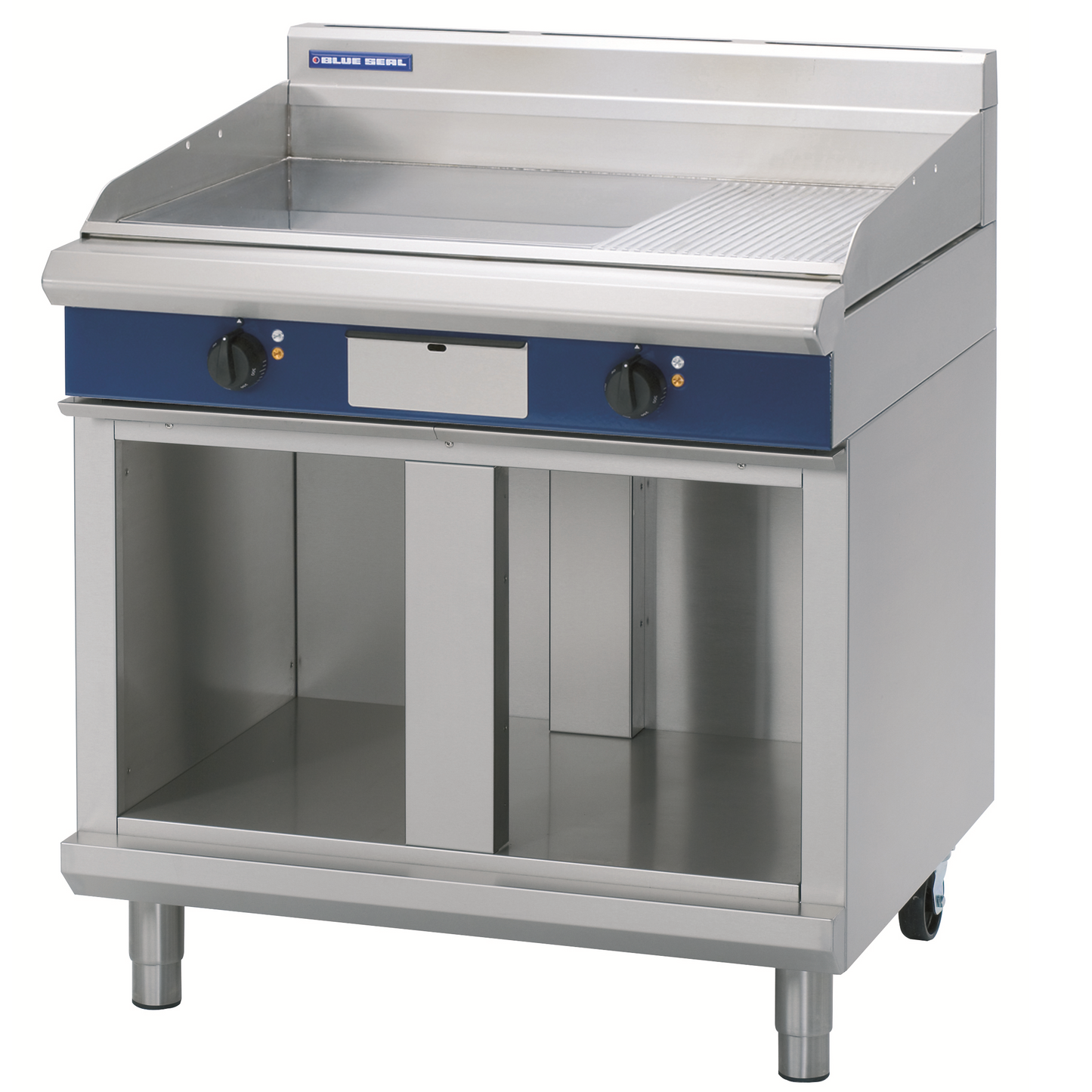 Blue Seal Electric Dual Griddle & Optional Chrome Plate EP516-B on cabinet stand