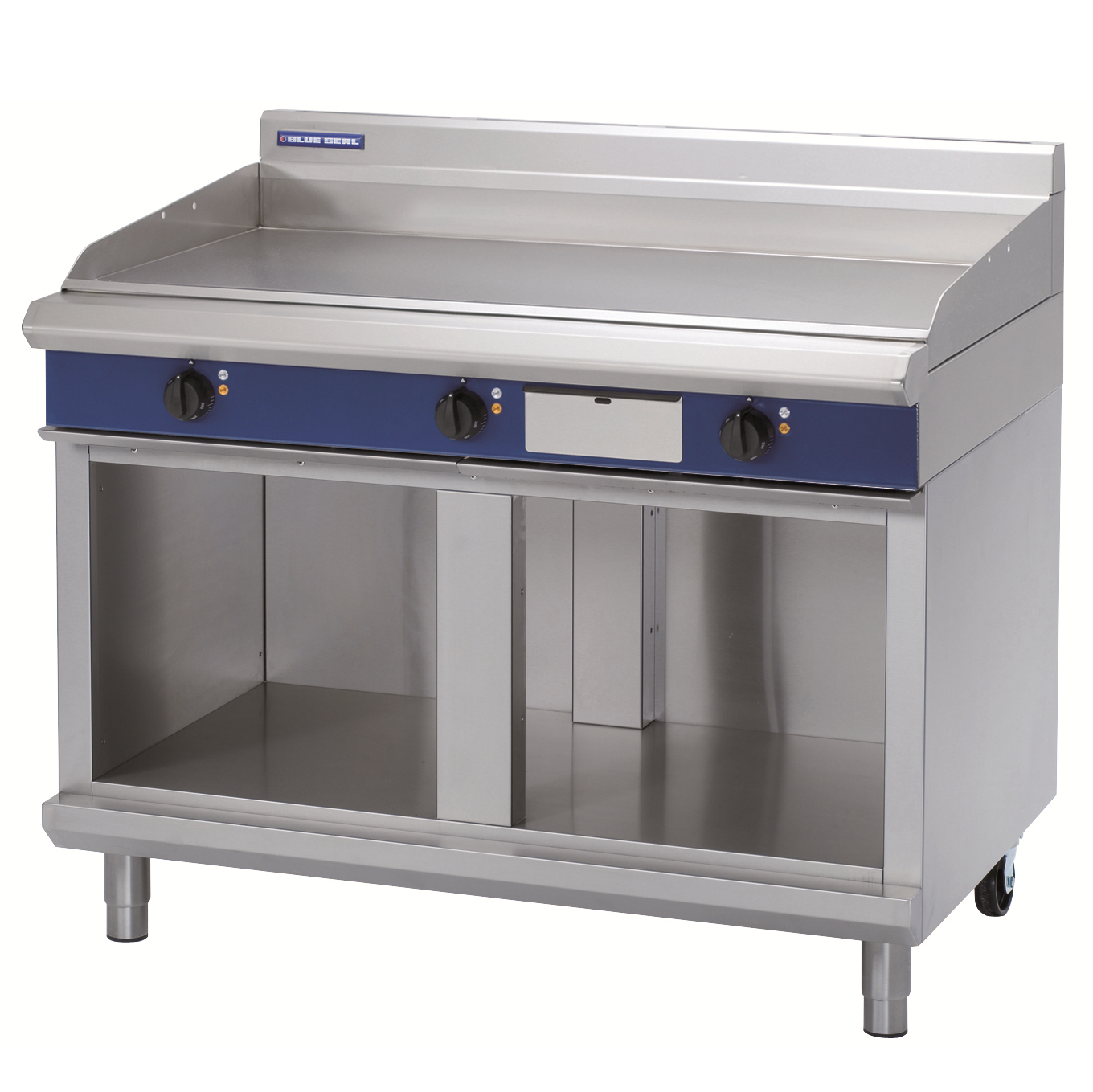 Blue Seal Electric Triple Griddle & Optional Chrome Plate EP518-B on cabinet stand
