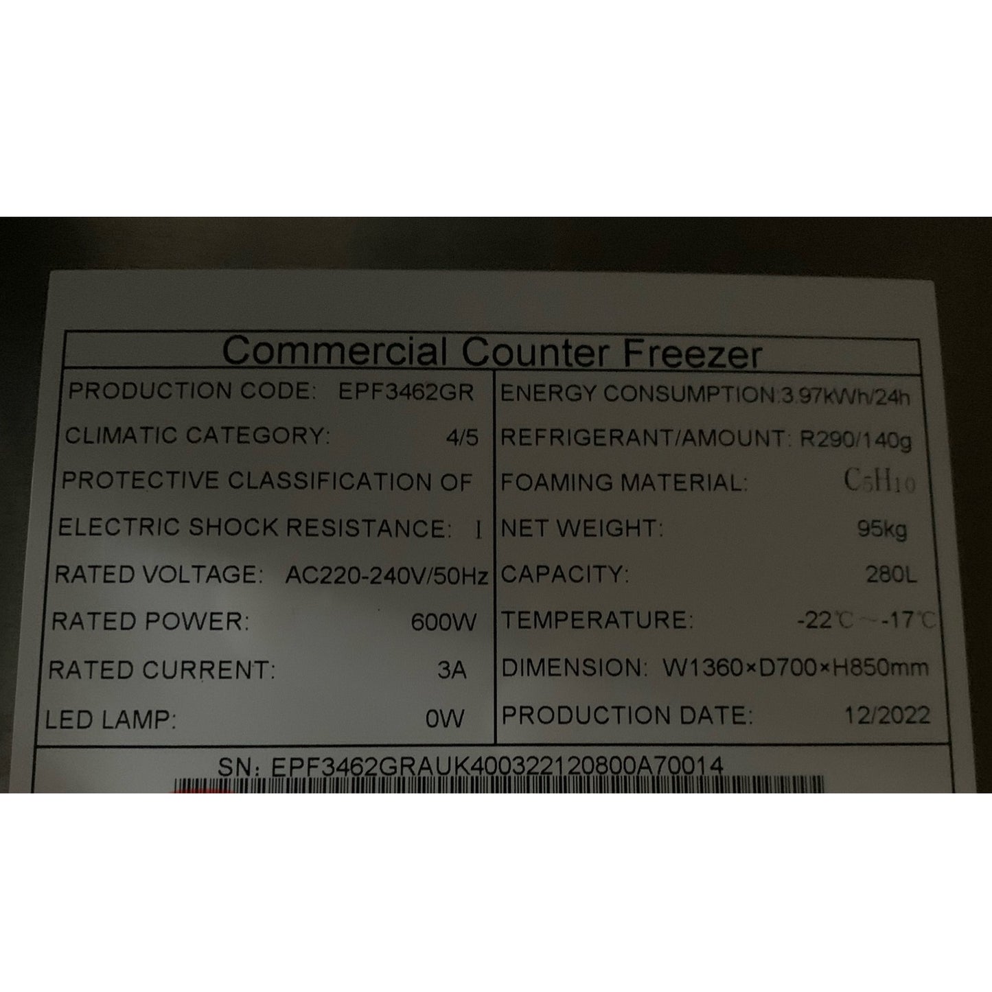 Second hand Atosa 2-Door Counter Freezer data plate(EPF3462HD-R)