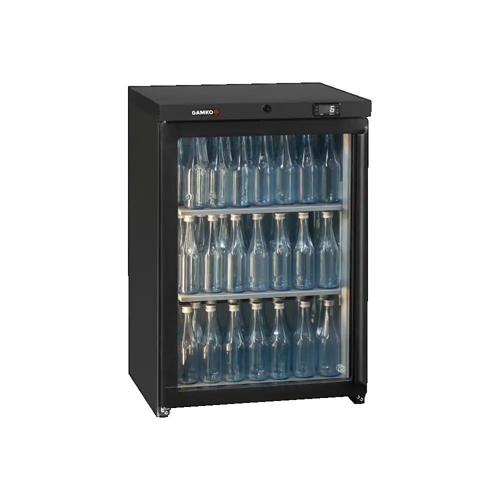 Gamko Single Door Bottle Cooler (MG3/150) in black with silver door frame left hinge