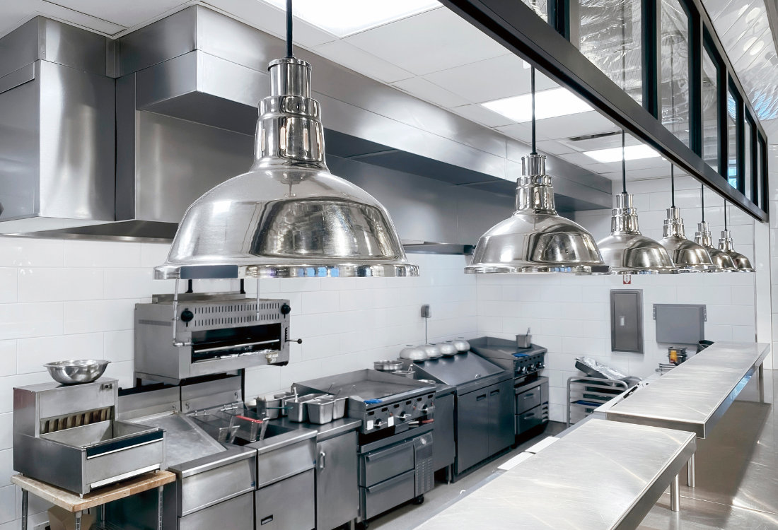 A commercial kitchen where commercial equiment that is ideal for this restaurant workflow is used. 