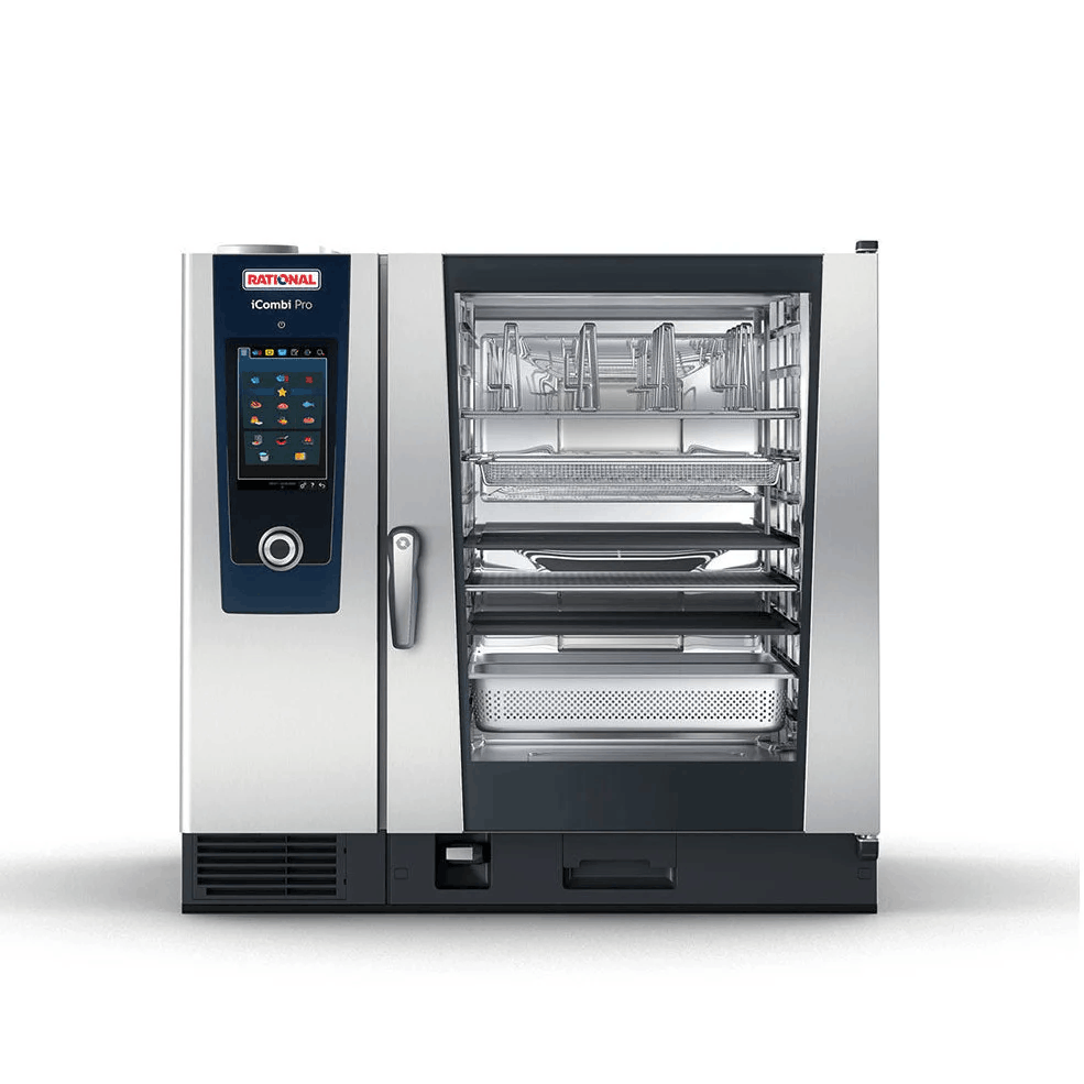 A combi oven being used instead of a convection oven to cook.