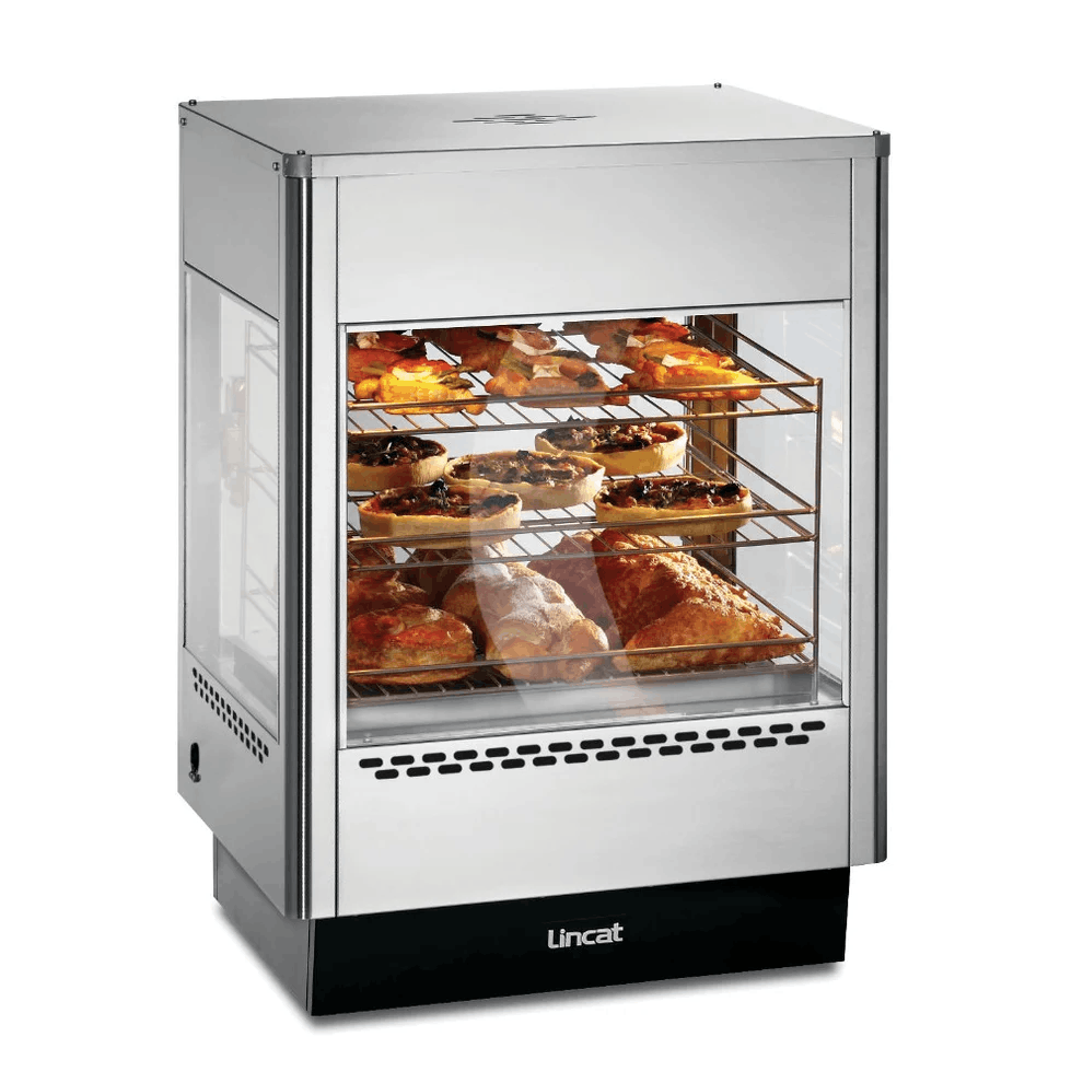 A commercial hot food display, used in a hotel during breakfast to keep food warm.