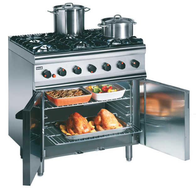 Lincat gas oven range with six-burner hob, open oven doors, cookware and roasted food inside.