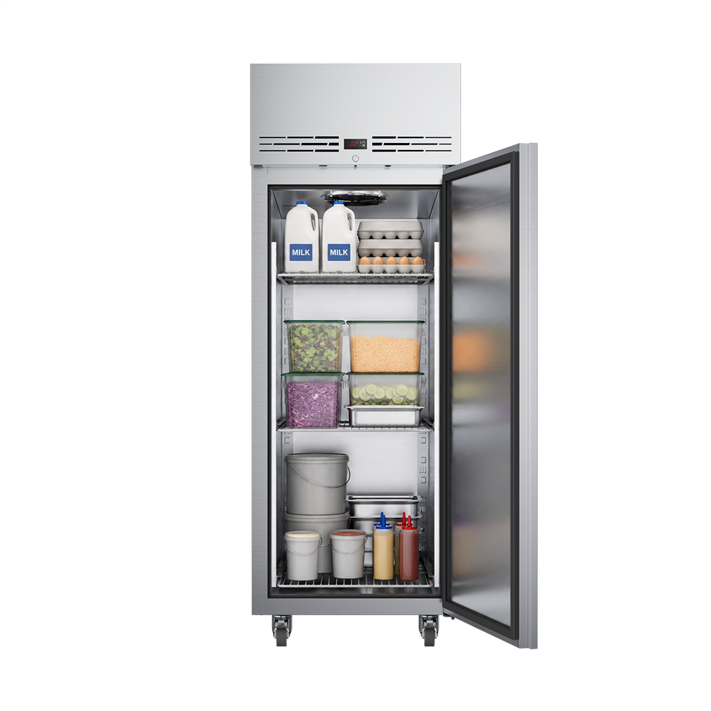 Foster 600L Single Door Refrigerator KU1H front view with door open and full shelves
