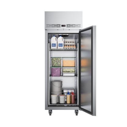 Foster 600L Single Door Refrigerator KU1H front view with door open and full shelves