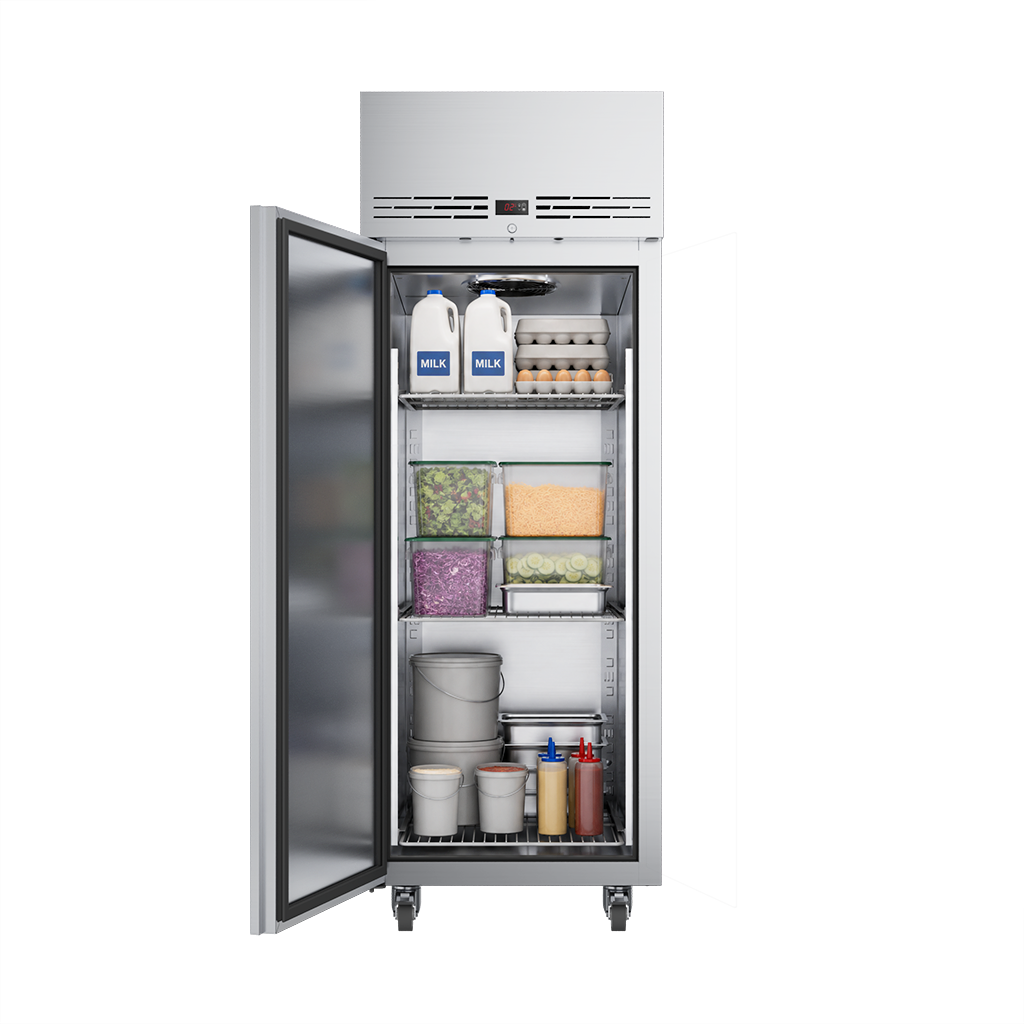 Foster 600L Single Door Refrigerator KU1H front view with open door and full shelves. Left hand hinged