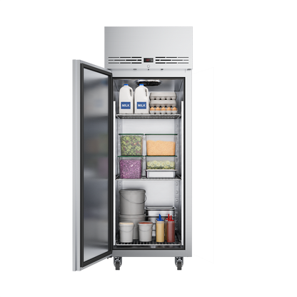 Foster 600L Single Door Refrigerator KU1H front view with open door and full shelves. Left hand hinged