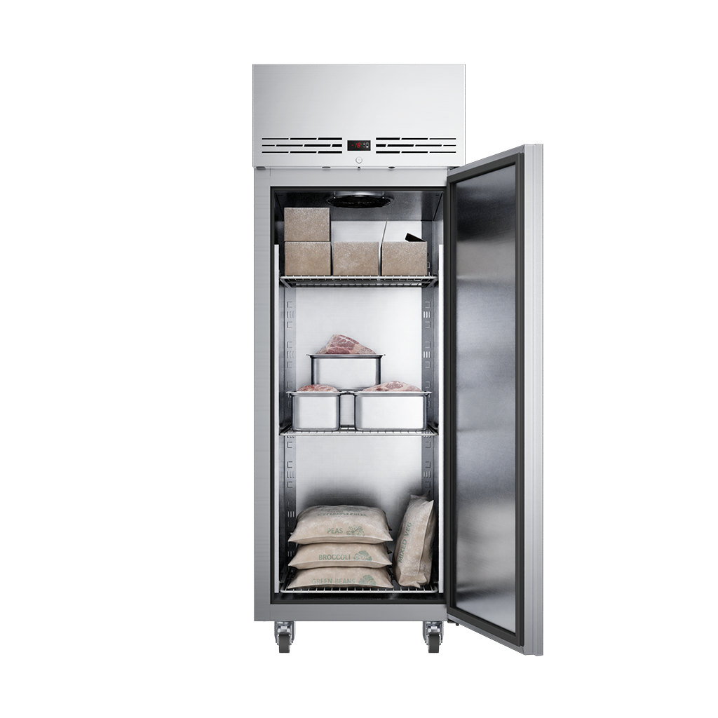 Foster 600L Single Door Freezer KU1L with open door and full shelves, front view