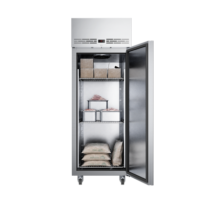 Foster 600L Single Door Freezer KU1L with open door and full shelves, front view
