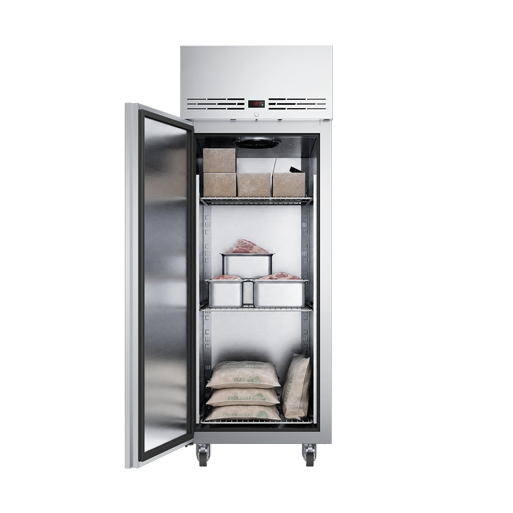 Foster 600L Single Door Freezer KU1L with open door hinged on the left, front view