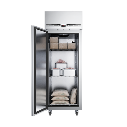 Foster 600L Single Door Freezer KU1L with open door hinged on the left, front view