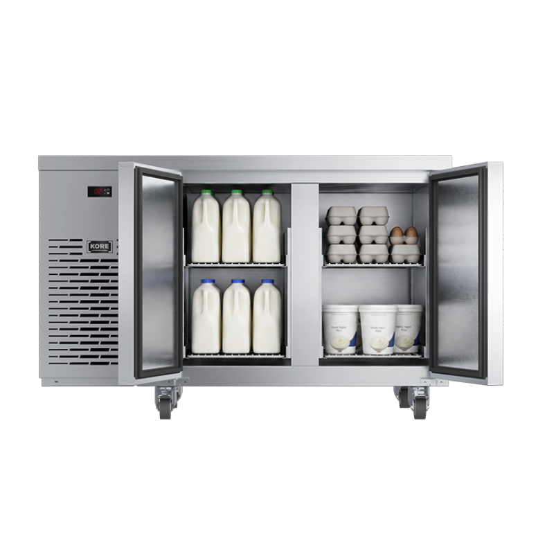 Foster 2-Door Refrigerated Counter KC2H - front view, with open doors and stacked shelves