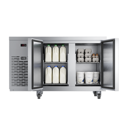 Foster 2-Door Refrigerated Counter KC2H - front view, with open doors and stacked shelves