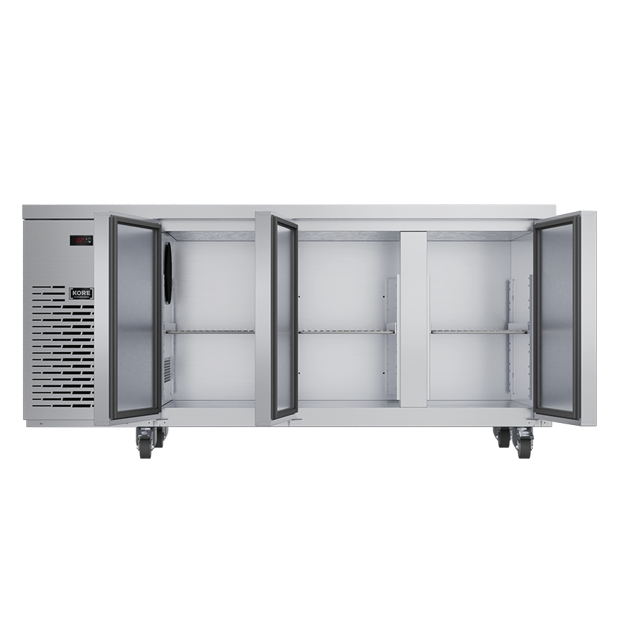 Foster 3-Door Refrigerated Counter KC3H front view with 3 open doors