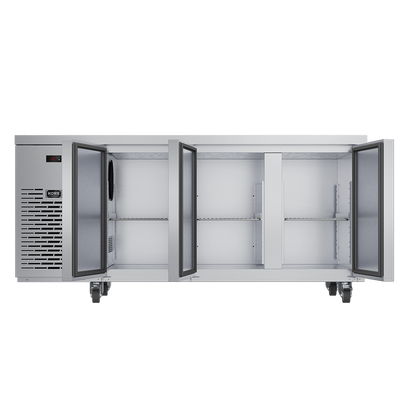 Foster 3-Door Refrigerated Counter KC3H front view with 3 open doors