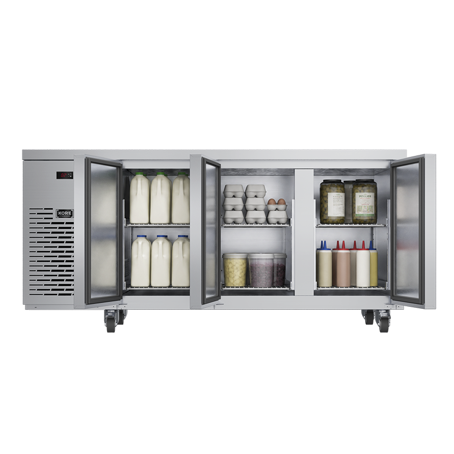 Foster 3-Door Refrigerated Counter KC3H front view with 3 open doors and stacked shelves