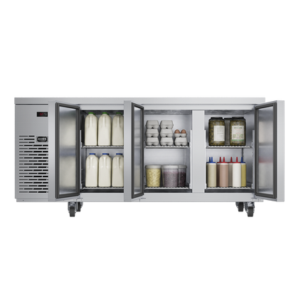 Foster 3-Door Refrigerated Counter KC3H front view with 3 open doors and stacked shelves