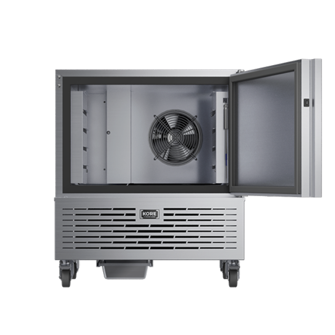 Foster 10kg Blast Chiller (KB5) with open door, empty shelves. Fan on show