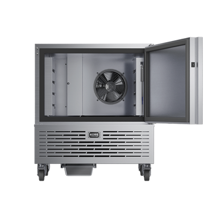 Foster 10kg Blast Chiller (KB5) with open door, empty shelves. Fan on show