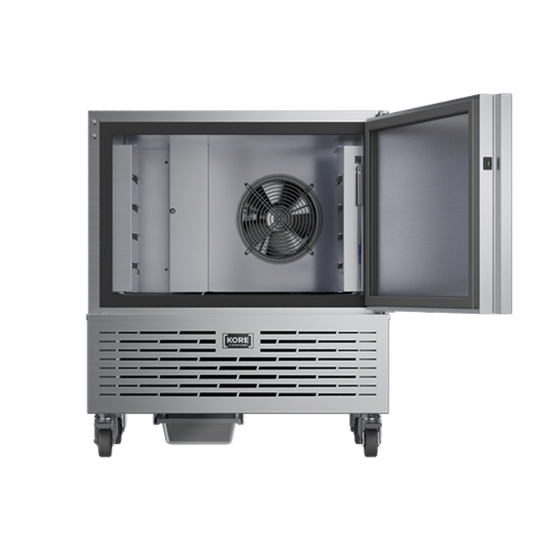 Foster 10kg Blast Chiller (KB5) with open door, empty shelves. Fan on show