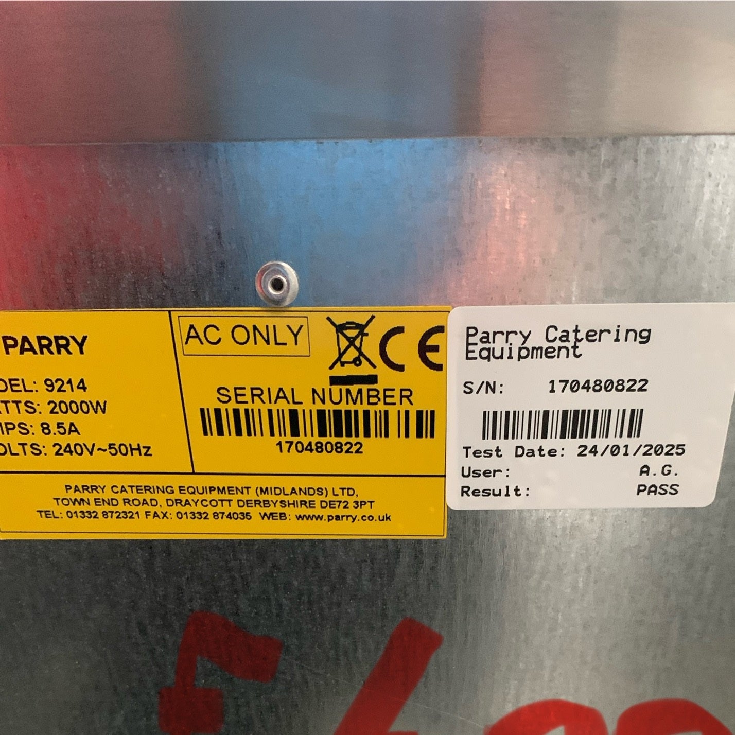 Second hand but unused Parry Static Hot Cupboard (9214) data plate