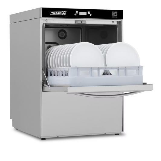 Maidaid Undercounter Tray Dishwasher C65WSD - open loaded with plates