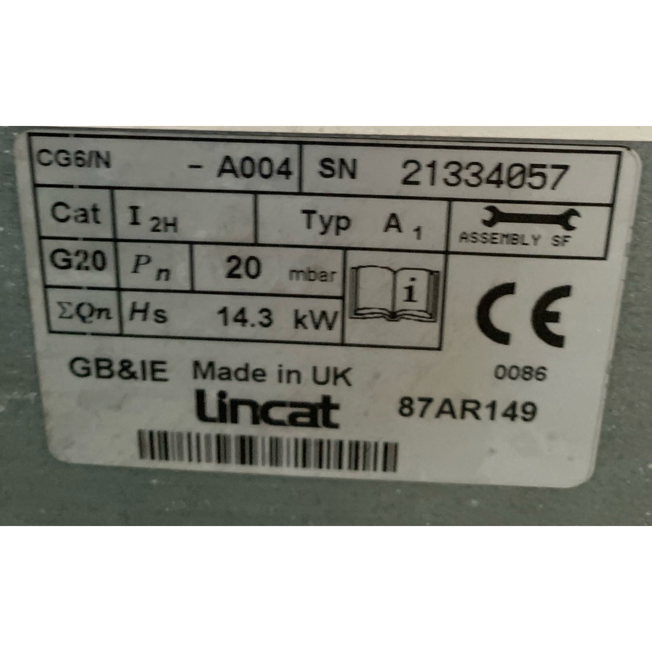 Second hand Lincat 600mm Gas Chargrill (CG6-R) data plate