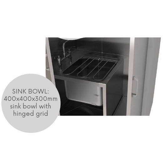 Inside stainless steel COSHH cupboard close up on sink
