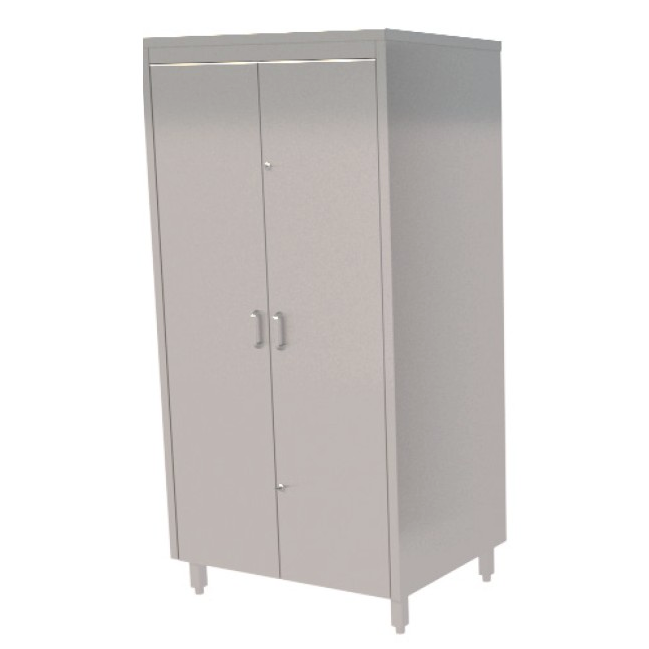 Stainless steel COSHH cupboard with sink inside. Floor standing with closed doors