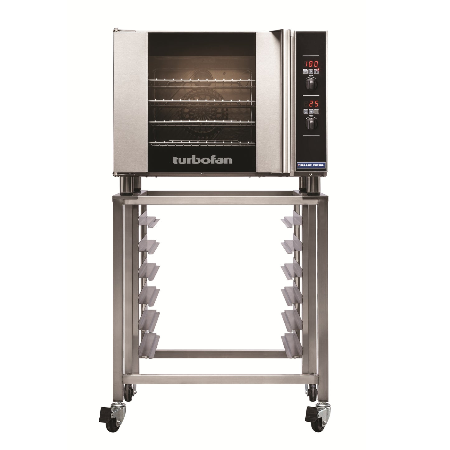 Blue Seal Countertop Convection Oven E31D4 on stand with tray rails