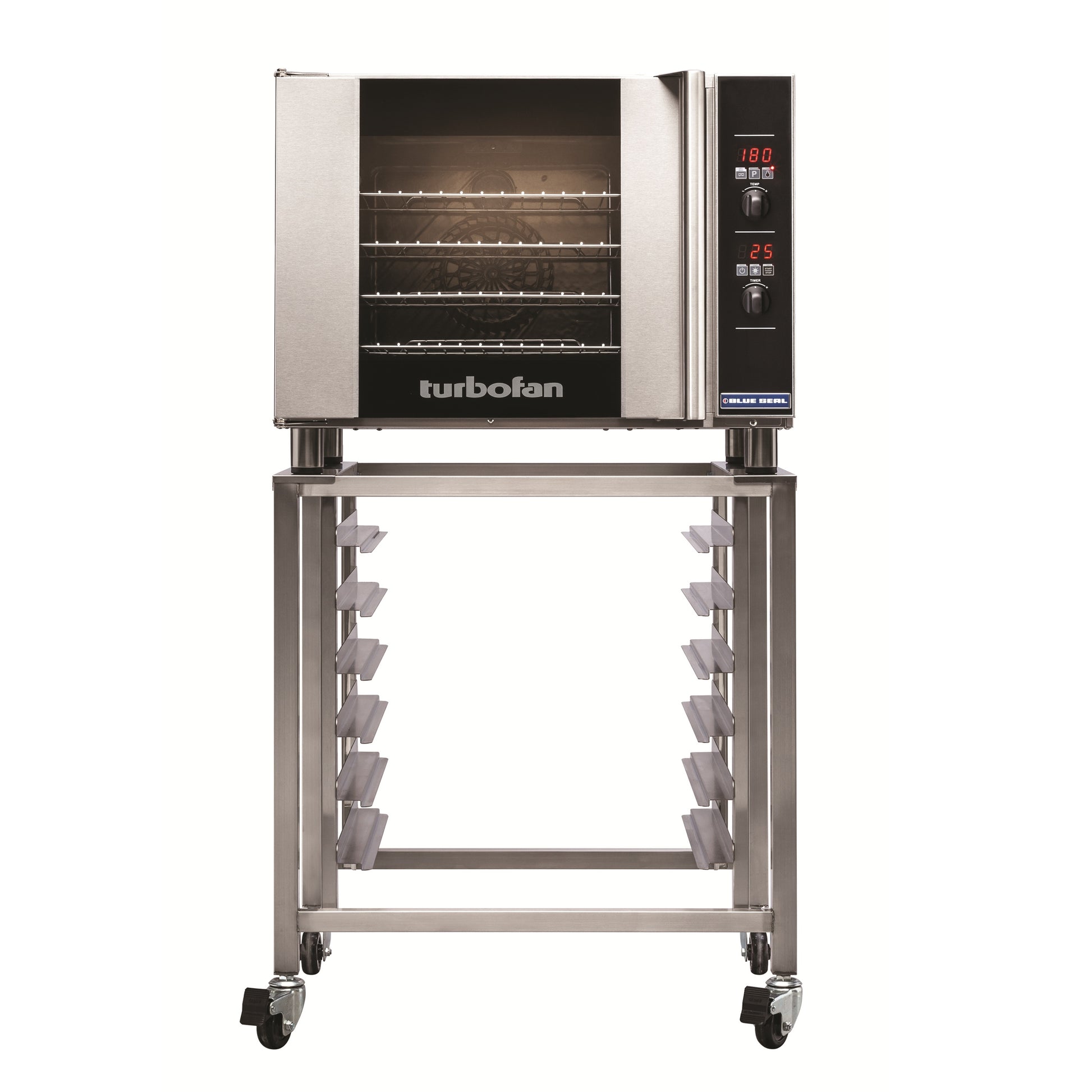 Blue Seal Countertop Convection Oven E31D4 on stand with tray rails