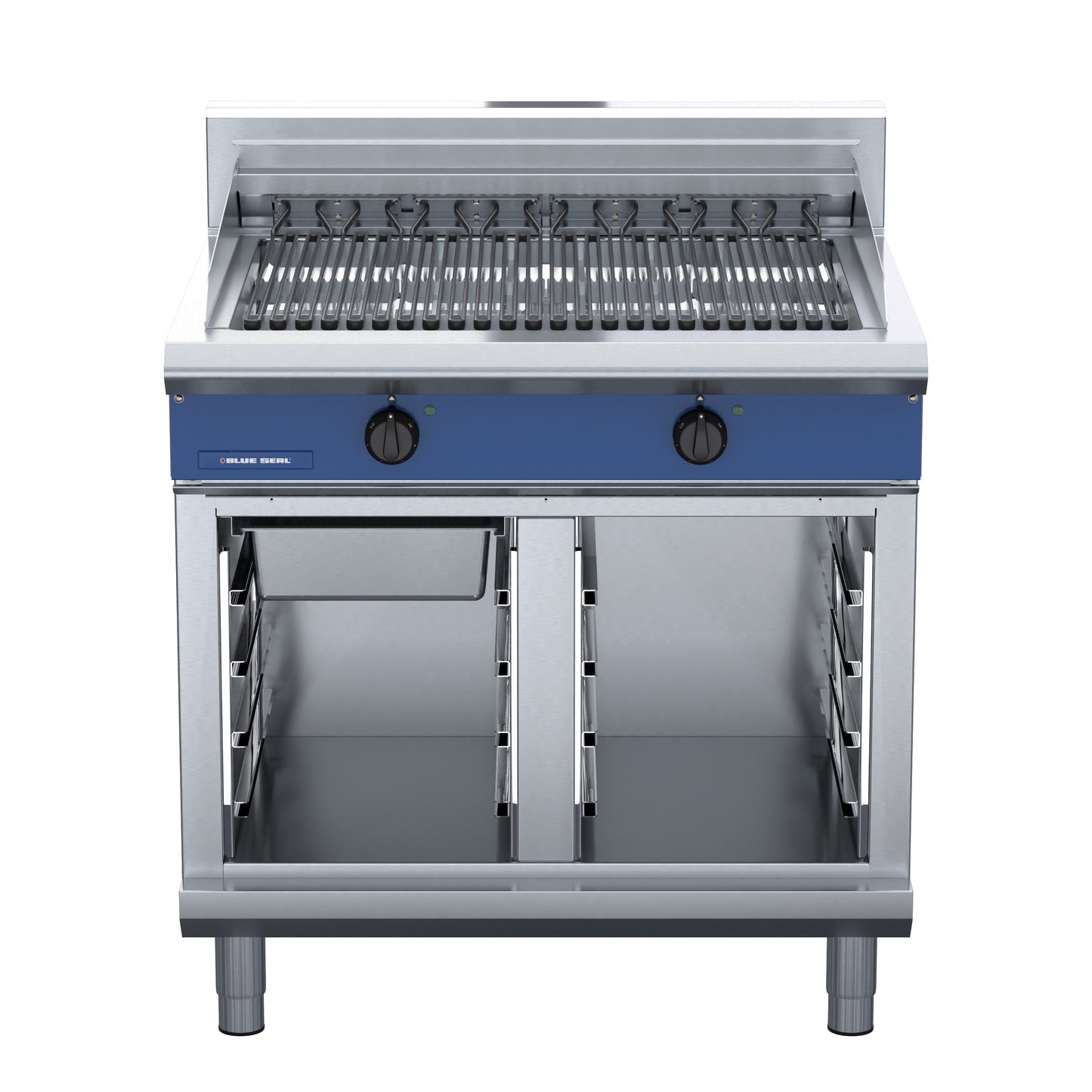 Blue Seal 900mm Electric Chargrill top view E596D on cabinet stand front view