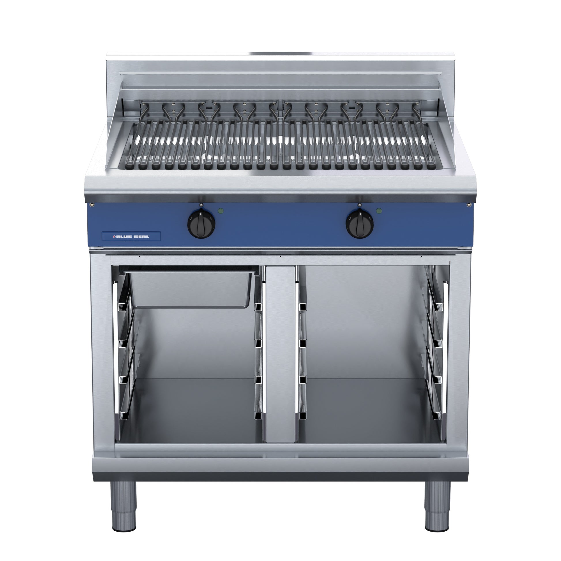 Blue Seal 900mm Electric Chargrill top view E596D on cabinet stand front view