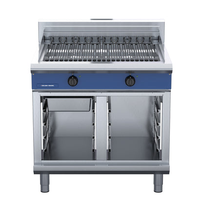 Blue Seal 900mm Electric Chargrill top view E596D on cabinet stand front view