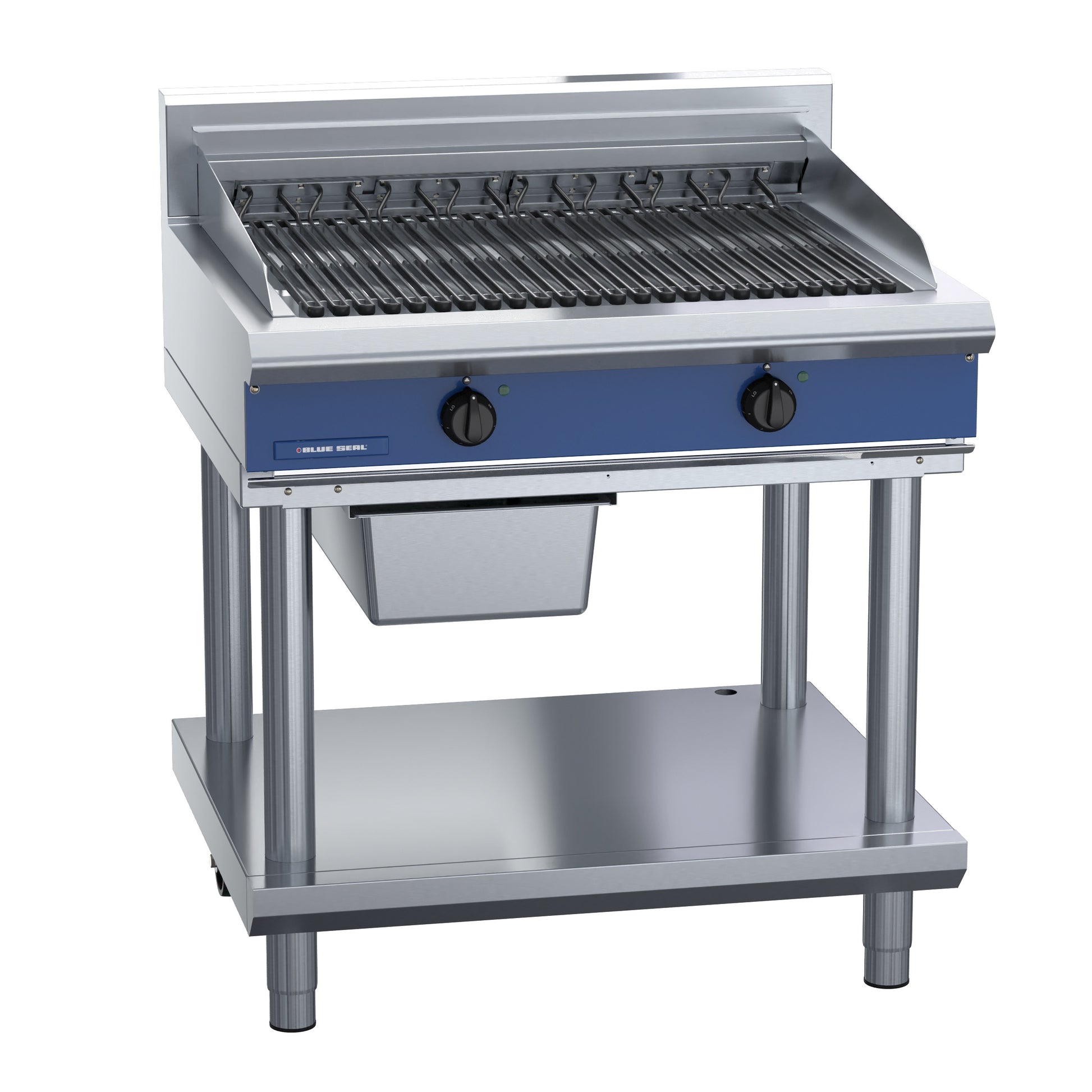 Blue Seal 900mm Electric Chargrill on open stand side view E596D