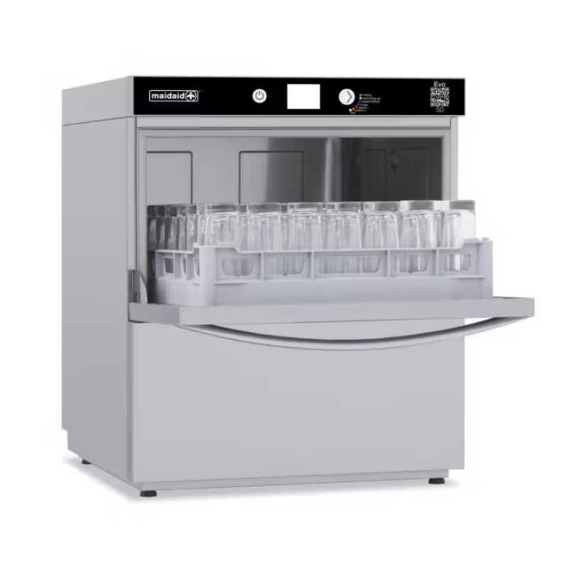 Maidaid Undercounter Glasswasher EVO50 with open door and loaded with glasses