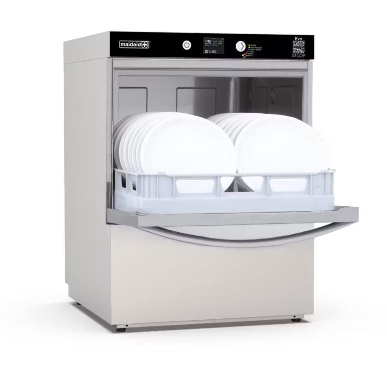 Maidaid Undercounter Dishwasher EVO51 with door open, loaded with plates