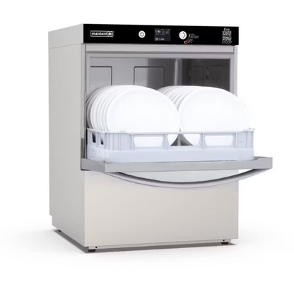 Maidaid Undercounter Dishwasher EVO51 with door open, loaded with plates