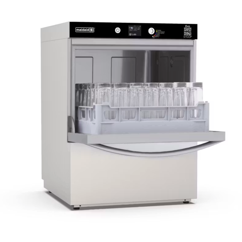 Maidaid Undercounter Dishwasher EVO51 with door open, loaded with glasses