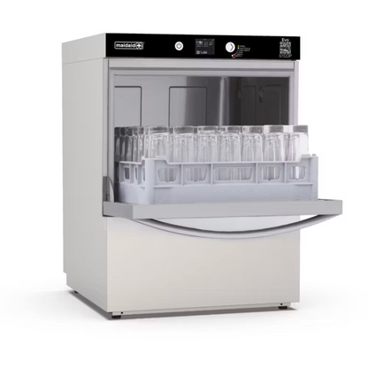 Maidaid Undercounter Dishwasher EVO51 with door open, loaded with glasses