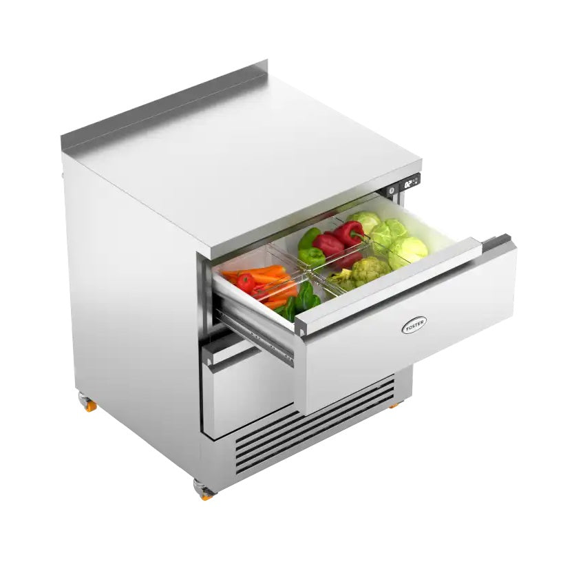 Foster 2-Drawer Counter Refrigerator/Freezer FFC4-2 with splashback and open drawer