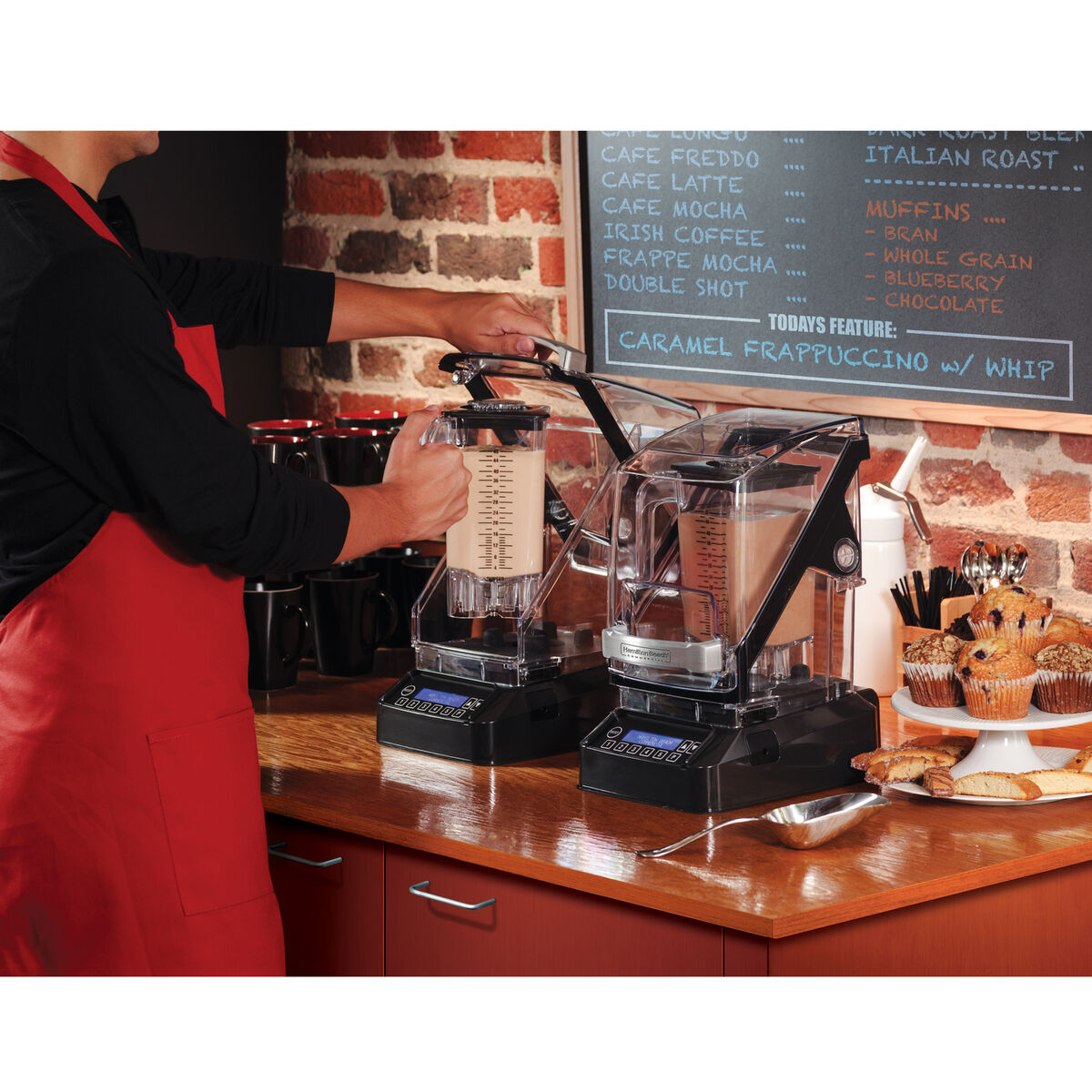 Photo of Hamilton-Beach Eclipse Blender HBH755R placed on a back counter in a cafe