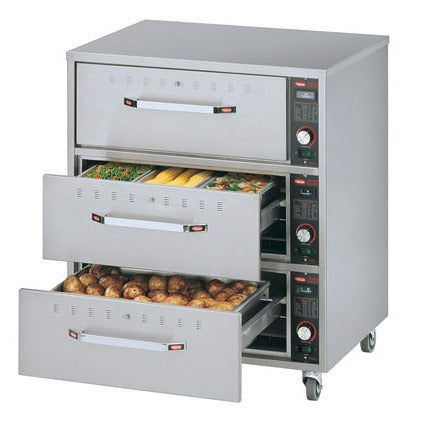 Hatco Electric Food Warming Drawers HDW-3 with open drawers and food showing in two drawers