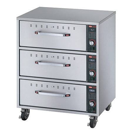 Hatco Electric Food Warming Drawers HDW-3 with closed drawers and on castors