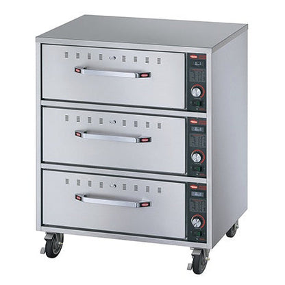 Hatco Electric Food Warming Drawers HDW-3 with closed drawers and on castors
