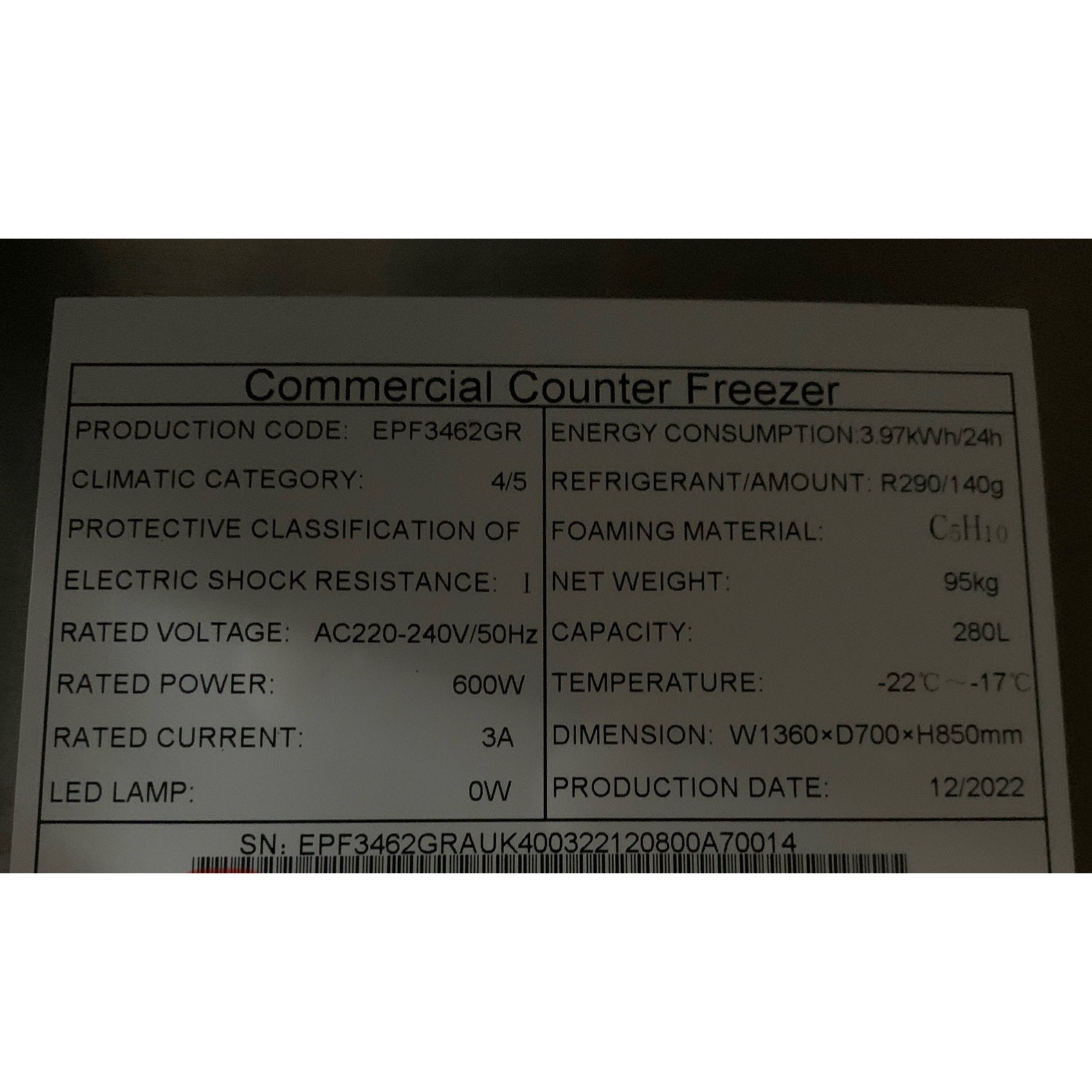 Second hand Atosa 2-Door Counter Freezer data plate(EPF3462HD-R)