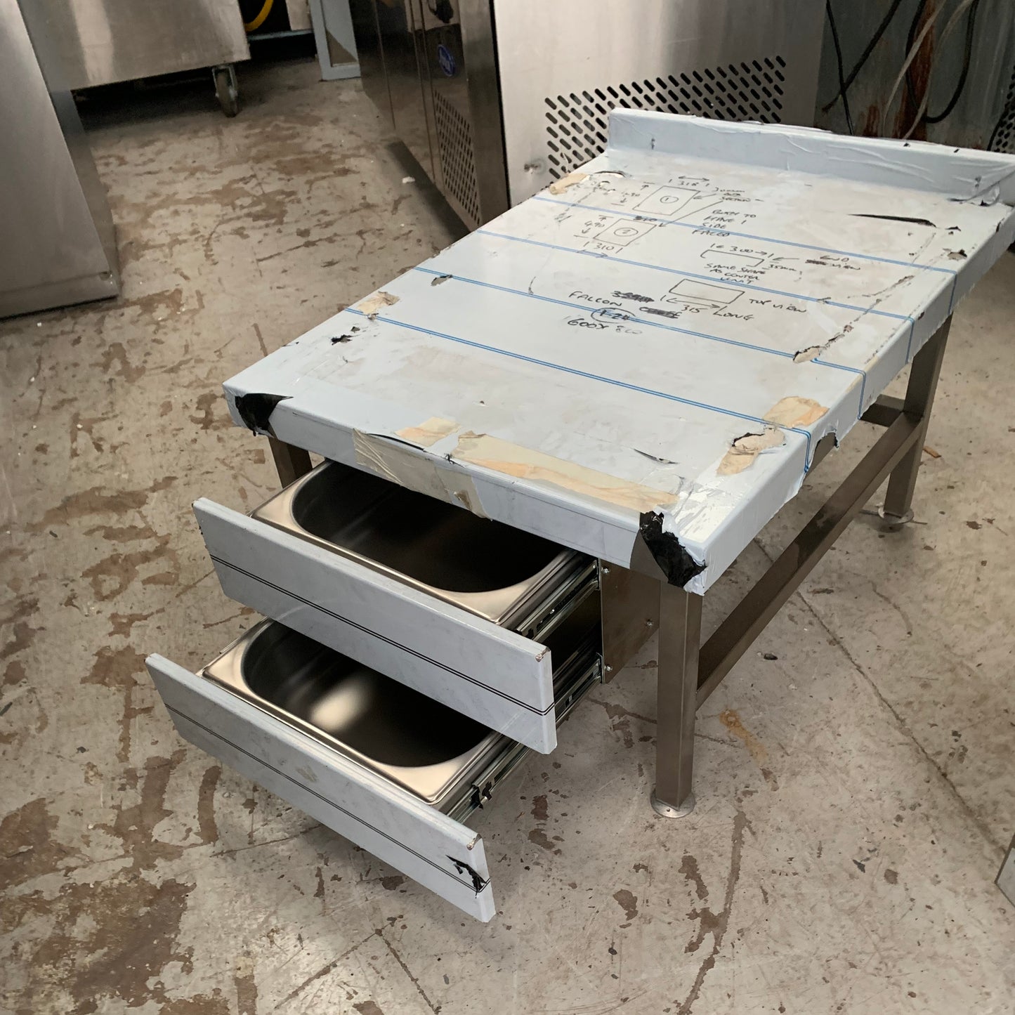 Fully Welded Stainless Steel Low Level Bench with two open drawers